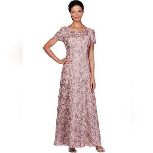 Alex Evenings Pink Sequin Rosette Lace A-Line Gown